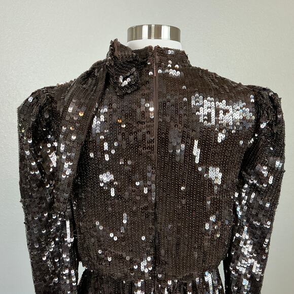 Mac Duggal Sequined Long Sleeve A-Line Midi Cocktail Dress Brown Size 2 - Picture 11 of 12